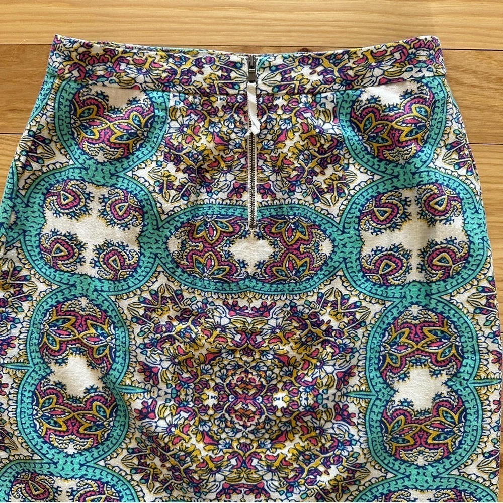 Maeve Turquoise Blue Pink Ivory Floral Print Skirt 2 Anthropologie Linen Blend - Picture 5 of 14